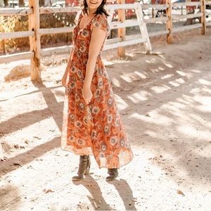 Sheer Sleeve Button Front MIDI Dress in Gathered Blooms